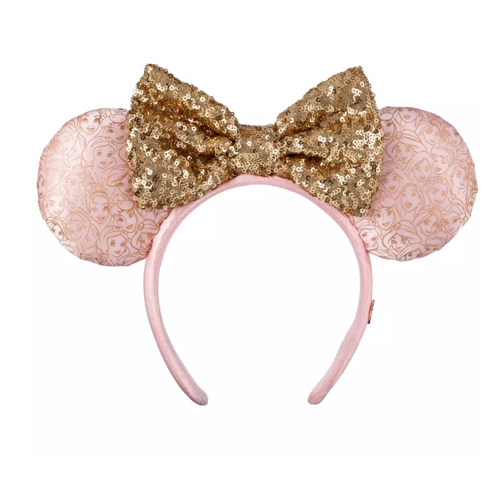 Disney Ears - gold outline princesses on soft pink with gold sequined bow